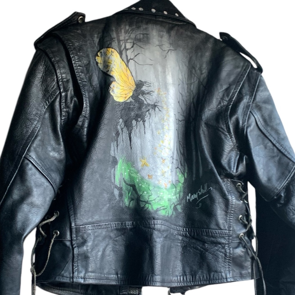 Vintage Black Leather Jacket Coat Artist Signed Mary Shell Fairy Painting Back - Picture 3 of 16